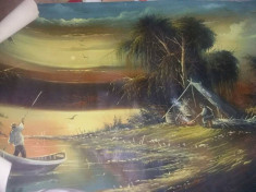 Tablou vechi pictat de pictorul Voineag I.pictura pe panza,,Sat de pescari,, foto