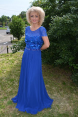 Rochie de seara albastra, design de paiete, broderie, strasuri (Culoare: ALBASTRU, Marime: 54) foto