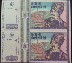 Lot / Set 2 Bancnote Serii Consecutive 5000 Lei- ROMANIA, anul 1993 *cod 632 UNC foto