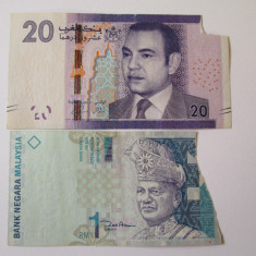 2 bancnote rupte:Maroc 20 Dirhams 2012+Malaezia 1 Ringgit 1998