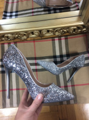 Pantofi dama argintii sclipici stiletto marime 36+CADOU foto