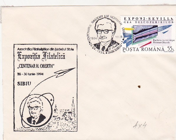 bnk fil Plic stampila ocazionala Expofil Centenar H Oberth Sibiu 1994