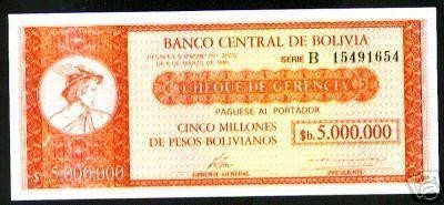 bnk bn Bolivia 5000000 pesos bolivianos 1985 vf