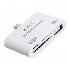 Adaptor pentru telefon/tableta 3 in 1, card reader, hub usb, microUSB tip Android foto