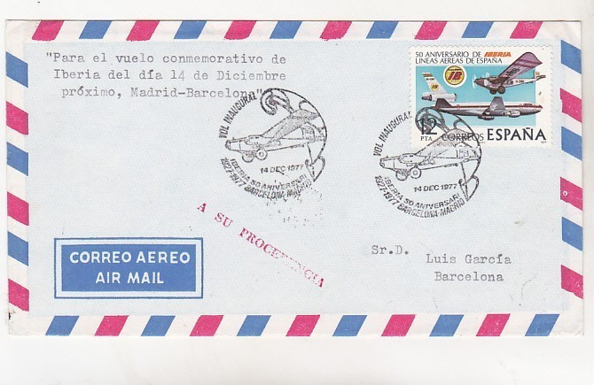 bnk fil Spania 1977 aerofilatelie plic stampila ocazionala IBERIA