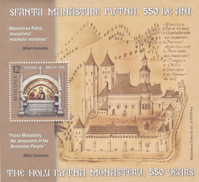 MANASTIREA PUTNA,BLOC,2016 MNH,LP 2111a, ROMANIA. foto