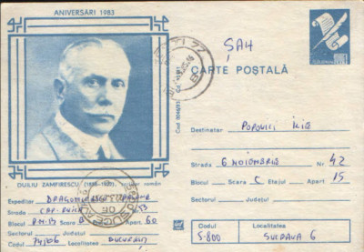 Romania - Intreg postal CP circulat,1983 - Duiliu Zamfirescu- Scriitor roman foto