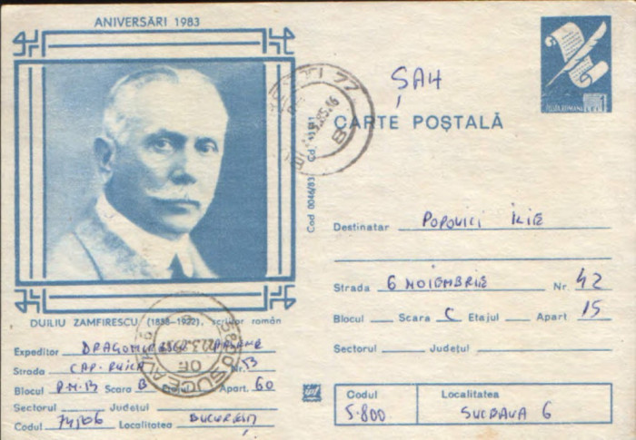 Romania - Intreg postal CP circulat,1983 - Duiliu Zamfirescu- Scriitor roman