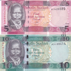 Bancnota Sudanul de Sud 5 si 10 Pounds 2015 - P11/12a UNC ( set x2 ) foto