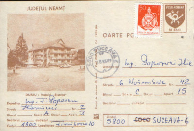 Romania - Intreg postal CP circulat,1984 - Durau - Hotel &amp;quot;Bistrita&amp;quot; foto