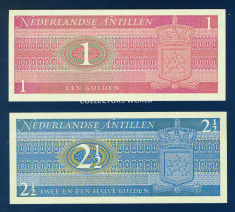 ANTILELE OLANDEZE - Set 2 bancnote - 1 &amp;amp; 2 1/2 Gulden 1970 - UNC P-20, 21 foto