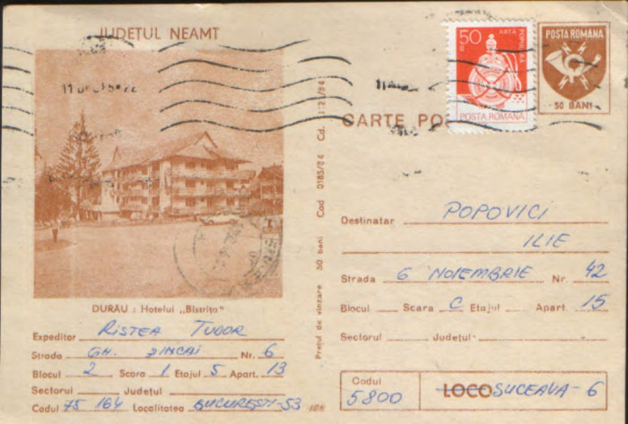 Romania - Intreg postal CP circulat,1984 - Durau - Hotel &quot;Bistrita&quot;