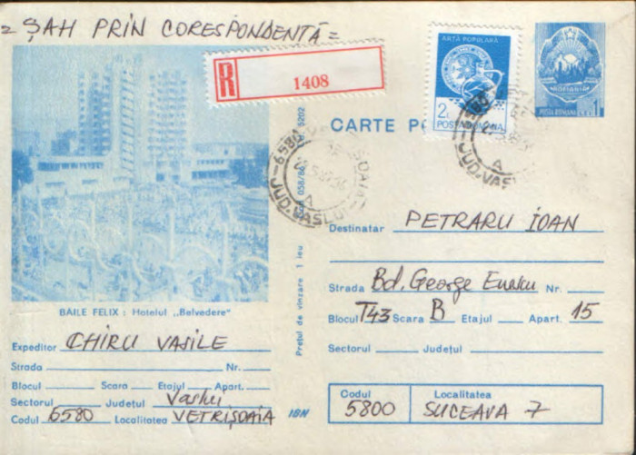 Romania - Intreg postal CP circulat,1986 - Baile Felix - Hotel &quot;Belvedere&quot;