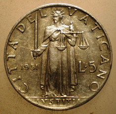 2.651 VATICAN PAPA PIUS XII JUSTITIA 5 LIRE 1951 foto