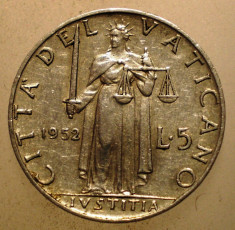 2.656 VATICAN PAPA PIUS XII JUSTITIA 5 LIRE 1952 foto