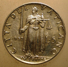 2.650 VATICAN PAPA PIUS XII JUSTITIA 5 LIRE 1952 foto