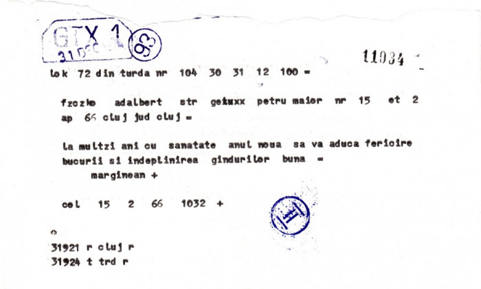 TELEGRAMA TURDA CLUJ 1966 CU RASPUNS PE VERSO