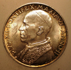 A.297 VATICAN PAPA PIUS XII 5 LIRE 1940 AUNC ARGINT 5g foto