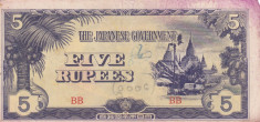 OCUPATIA JAPONEZA IN BURMA 5 rupees 1942 VF!!! foto