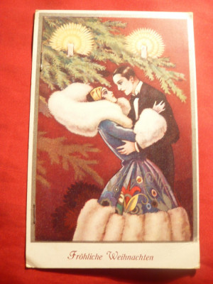 Ilustrata - Scena Romantica de Anul Nou 1930 , capsata pe margine foto