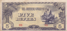 OCUPATIA JAPONEZA IN BURMA 5 rupees 1942 VF+++!!! foto