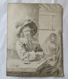 Frans van Mieris &quot;Jucatorul de carti&quot; gravura veche 1777, Scene gen, Cerneala, Realism