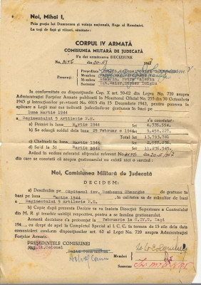 Corpul IV Armata, Comisiunea militara de judecata, DECIZIUNE din anul 1947 foto