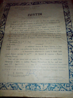 Diploma distinctia iconom stavrofor, semnat de Justin (viitor Patriarh) , 1976 foto