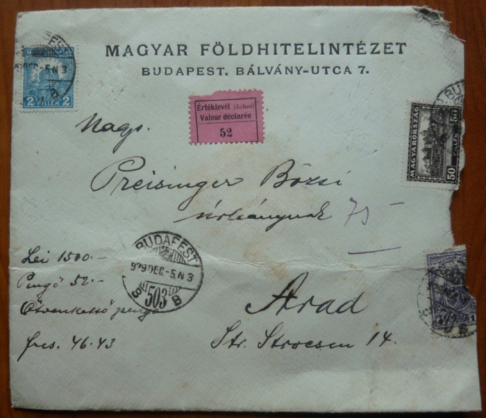 Scrisoare cu valoare declarata , circulata la Arad ,1929 , 5 sigilii