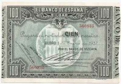 SPANIA BILBAO 100 PESETAS 1937 XF foto