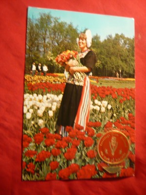 Ilustrata - Folclor- Femeie olandeza in costum national cu vigneta Olanda foto