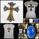 Tricou Dama Alb Bumbac Cruce Cristale Swarovski Albastre Negre Aurii Supradimensionat S/M