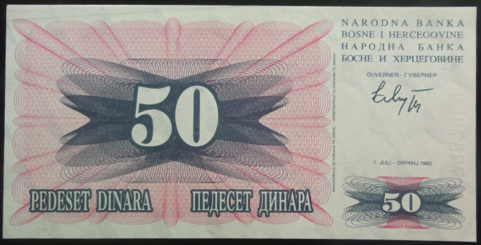 Bancnota 50 DINARI - BOSNIA HERTEGOVINA, anul 1992 *cod 725 = A.UNC +