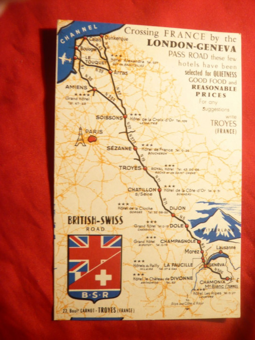 Carte Postala Reclama Harta Soselei Londra- Geneva -British Swiss Road
