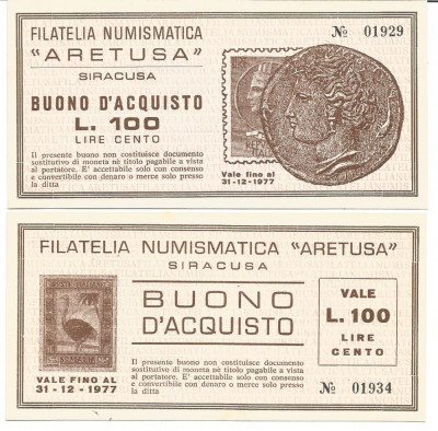 !!! ITALIA = FILATELIA-NUMISMATICA SIRACUSA - 100 LIRE 1977 - UNC/CEA DIN SCAN foto