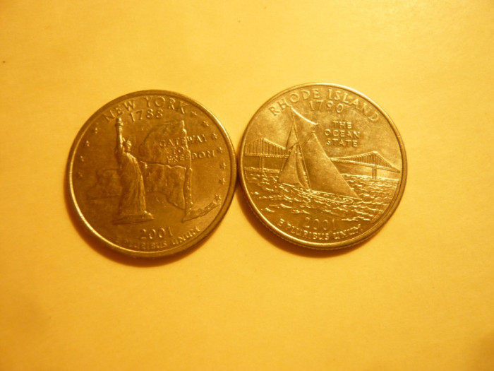 2 Monede 25 C SUA comemorative-New York-d si Rhode Island -d 2001