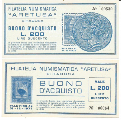 !!! ITALIA = FILATELIA-NUMISMATICA SIRACUSA - 200 LIRE 1977 - UNC/CEA DIN SCAN foto