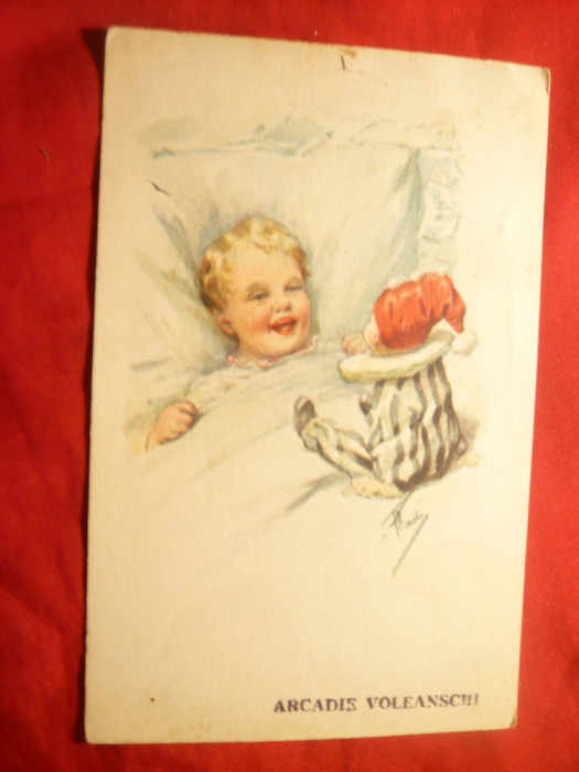 Ilustrata - Copil cu papusa Arlechin ,circulat 1925