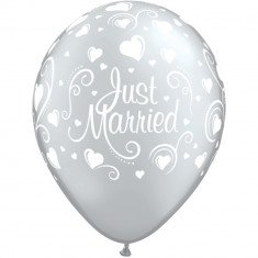 Baloane latex Just Married sidef argintiu - 11&amp;#039;&amp;#039;/28cm, Qualatex 18653 foto