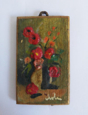 (T) Tablou pictura miniatura, vaza cu flori, maci, pe lemn, semnata, 4x2,5 cm foto