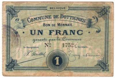 SV * Belgia 1 FRANC 1921 * Commune de Dottignies * SUPRATIPAR * mai rara ! foto