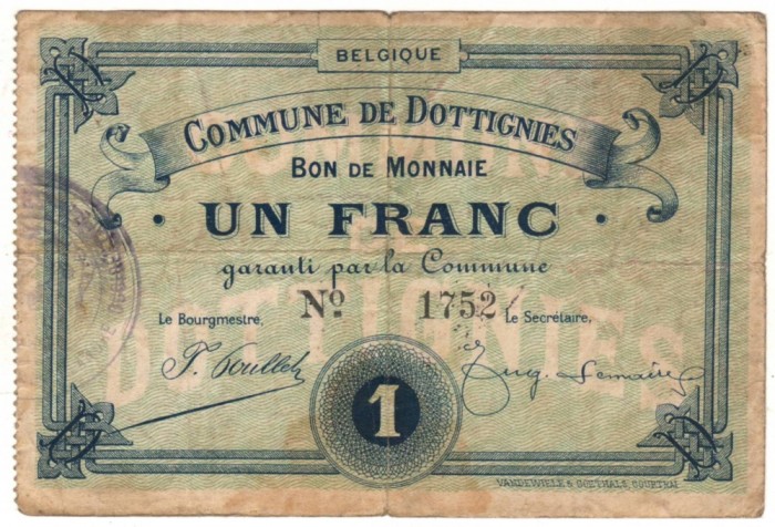 SV * Belgia 1 FRANC 1921 * Commune de Dottignies * SUPRATIPAR * mai rara !