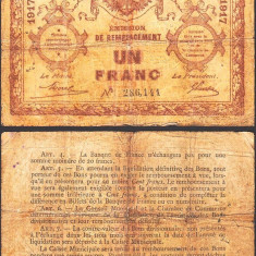 SV * Franta / ROUEN Camera de Comert 1 FRANC 1917 bancnota regionala WWI