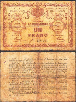 SV * Franta / ROUEN Camera de Comert 1 FRANC 1917 bancnota regionala WWI foto