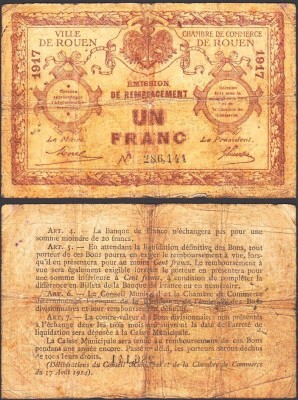 SV * Franta / ROUEN Camera de Comert 1 FRANC 1917 bancnota regionala WWI foto