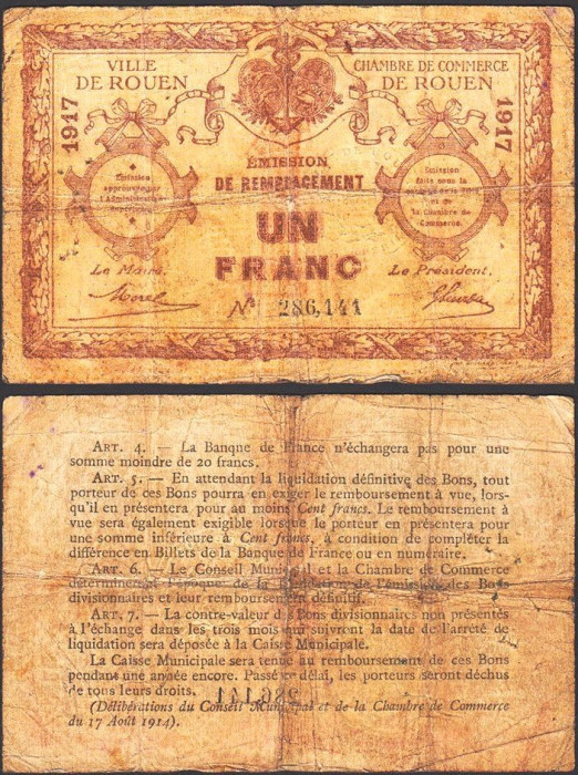 SV * Franta / ROUEN Camera de Comert 1 FRANC 1917 bancnota regionala WWI