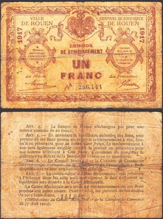 SV * Franta / ROUEN Camera de Comert 1 FRANC 1917 bancnota regionala WWI