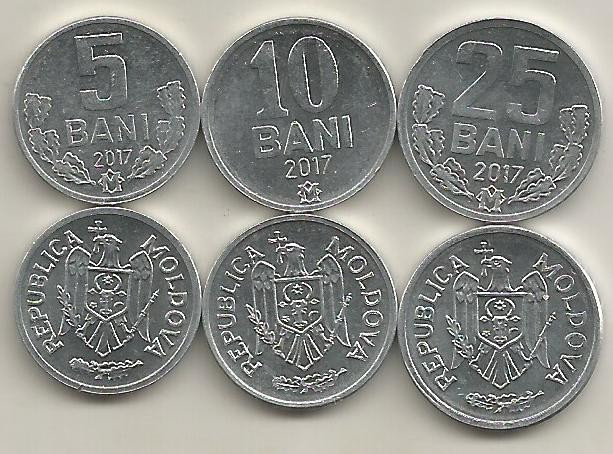 MOLDOVA SET / LOT ( 3 buc ) 5 BANI + 10 BANI + 25 BANI 2017 a UNC