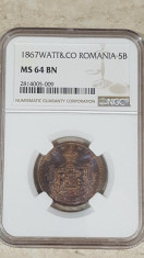 NGC 5 bani 1867 Watt &amp;amp; Co MS 64 BN foto