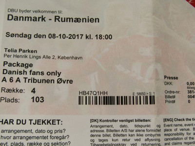 Bilet (printat) meci fotbal DANEMARCA - ROMANIA (08.10.2017) foto